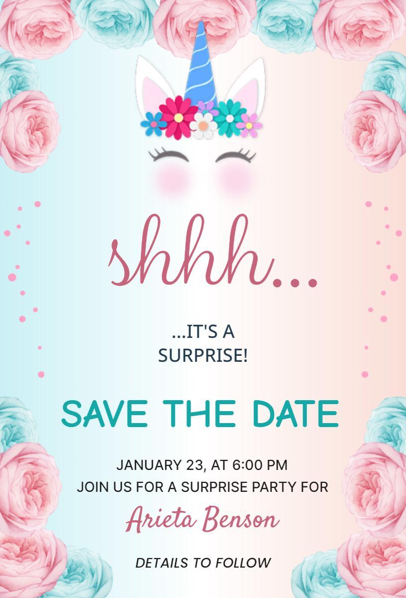 Charming Unicorn Themed Surprise Party Save The Date Invitation Template