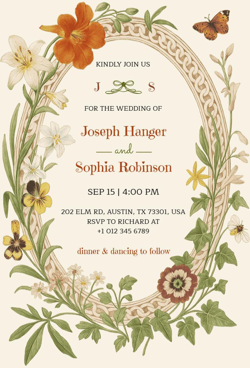 Charming Vintage Floral Garden Wedding Invitation Template