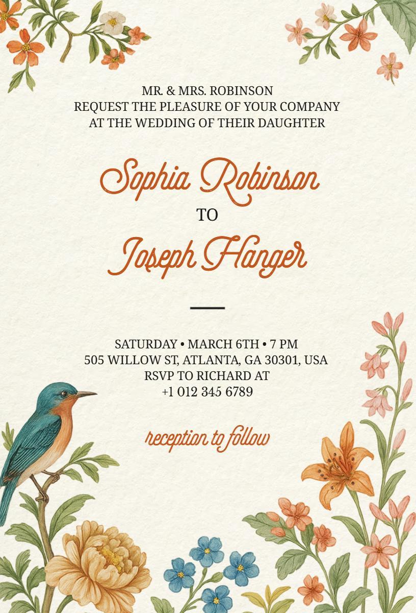 Charming Vintage Floral Themed Wedding Invitation Template