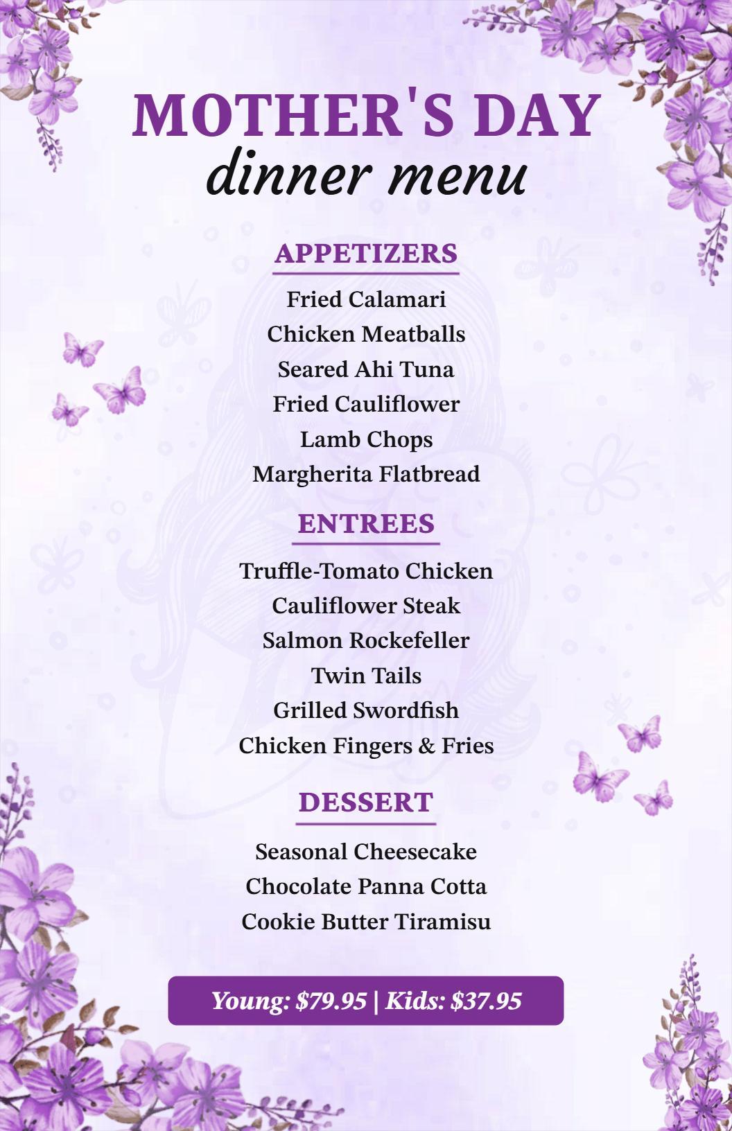 Charming Violet Floral Mother's Day Dinner Menu Template
