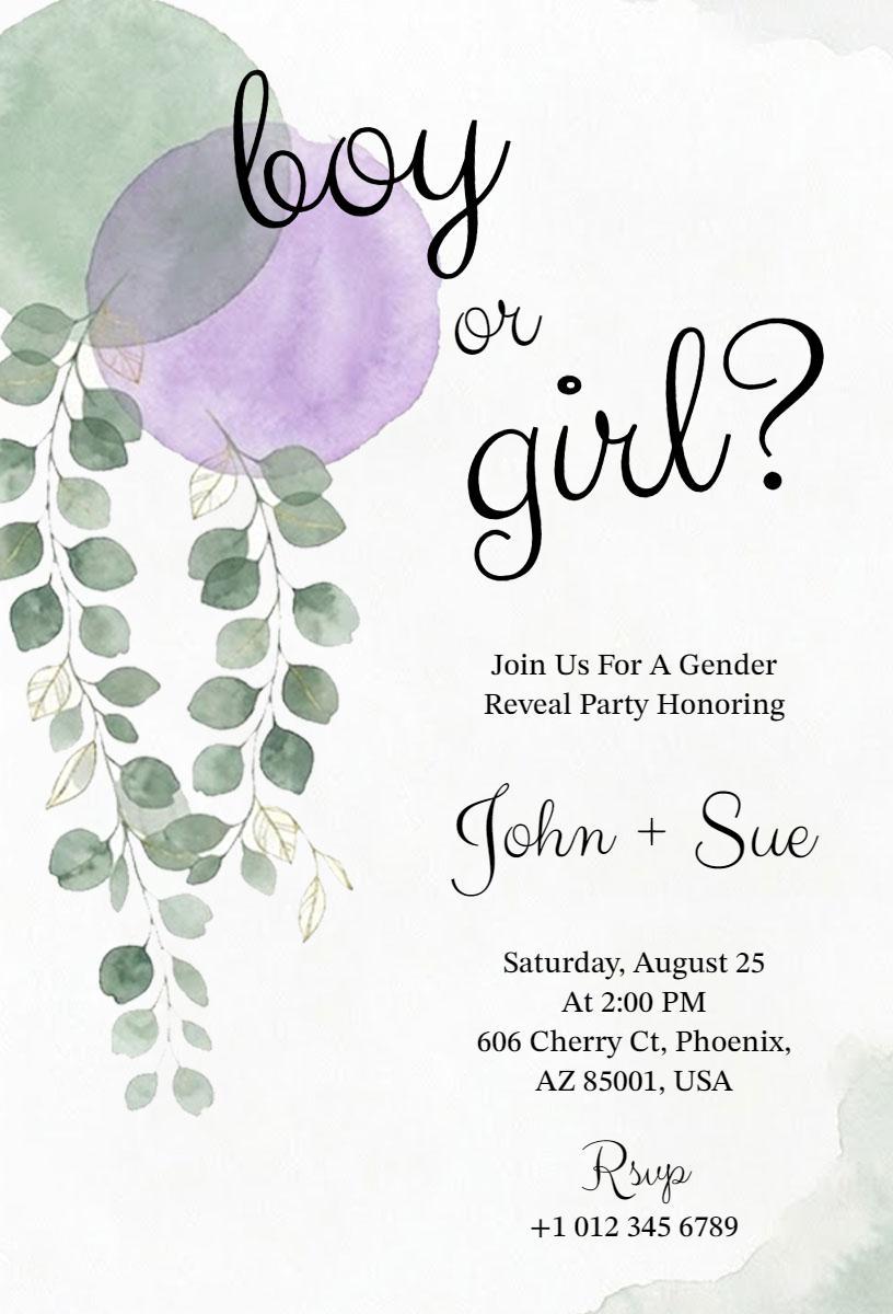 Charming Watercolor Botanical Gender Reveal Party Invitation Template