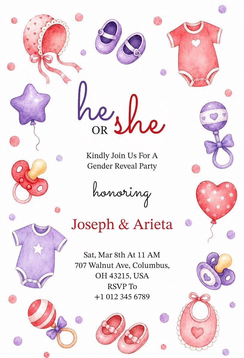 Charming Watercolor He or She Gender Reveal Invitation Template