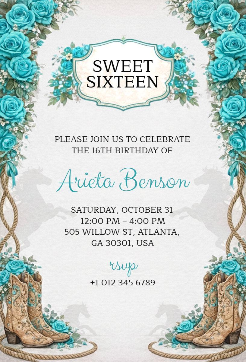 Charming Western Floral Sweet 16 Birthday Celebration Invitation Template
