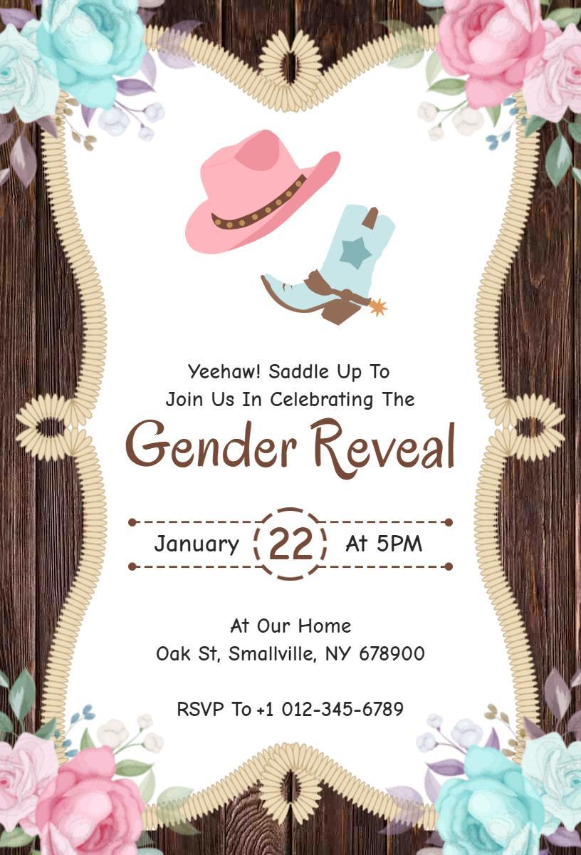 Charming Western Theme Gender Reveal Celebration Invitation Template