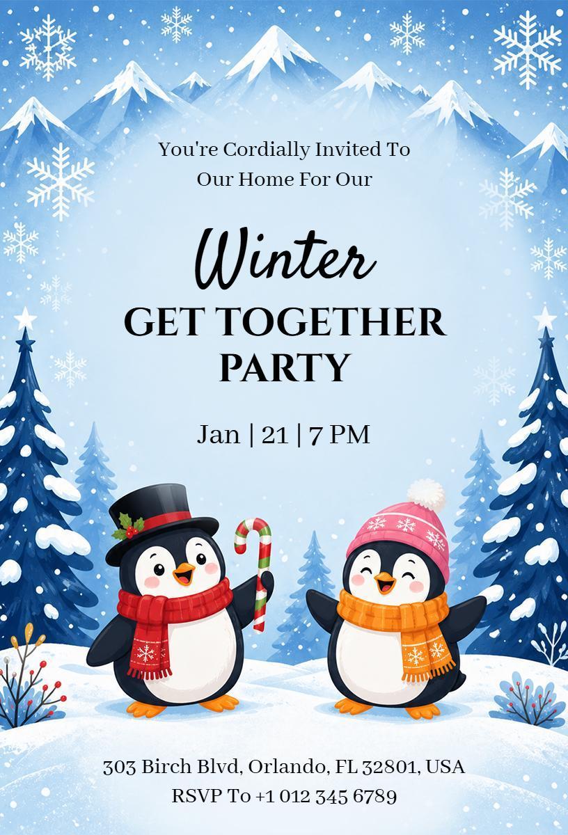 Charming Winter Penguin Get Together Party Invitation Template