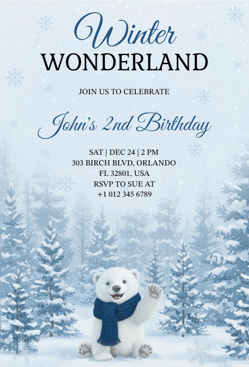 Charming Winter Wonderland 2nd Birthday Celebration Invitation Template