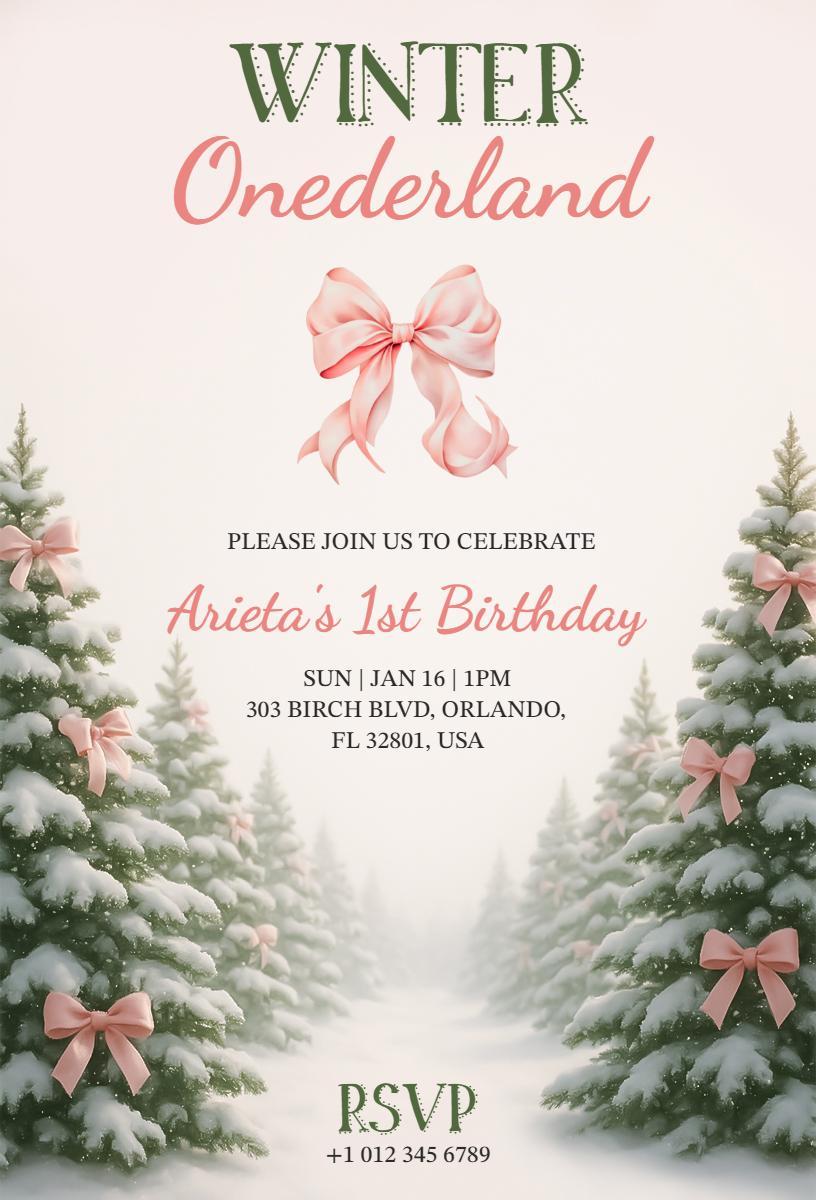 Charming Winter Wonderland First Birthday Celebration Invitation Template