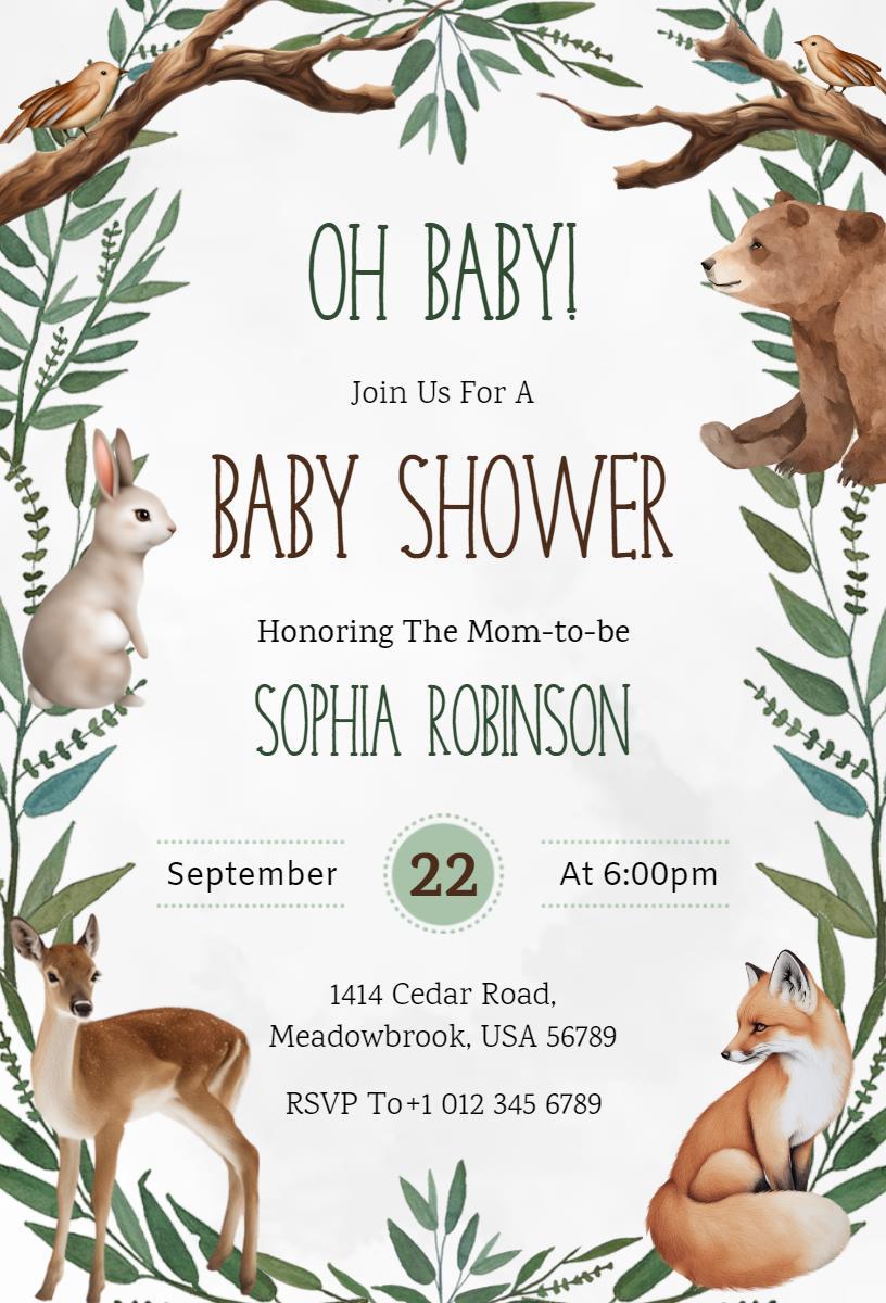 Charming Woodland Animal Themed Baby Shower Invitation Template