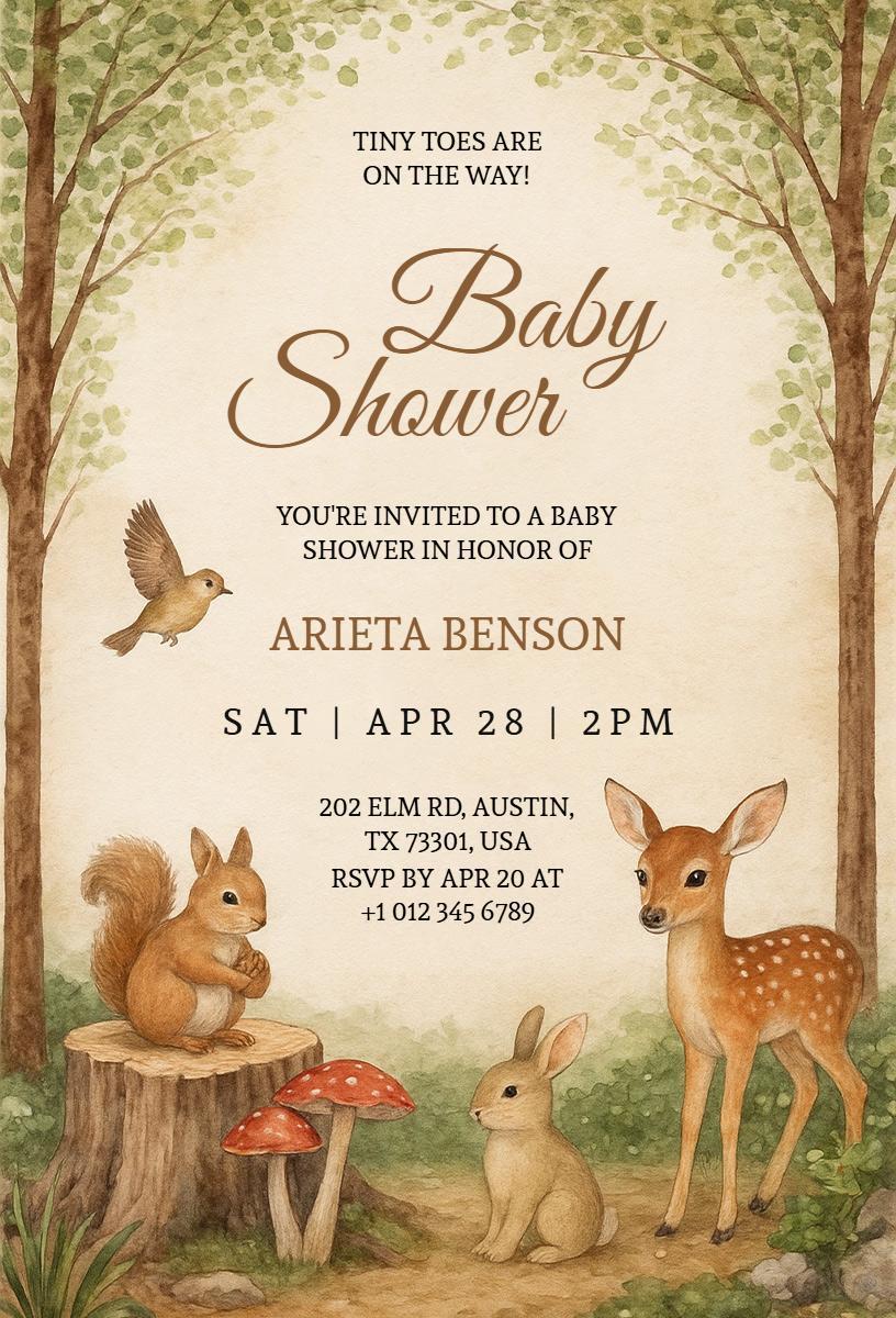 Charming Woodland Animals Baby Shower Celebration Invitation Template
