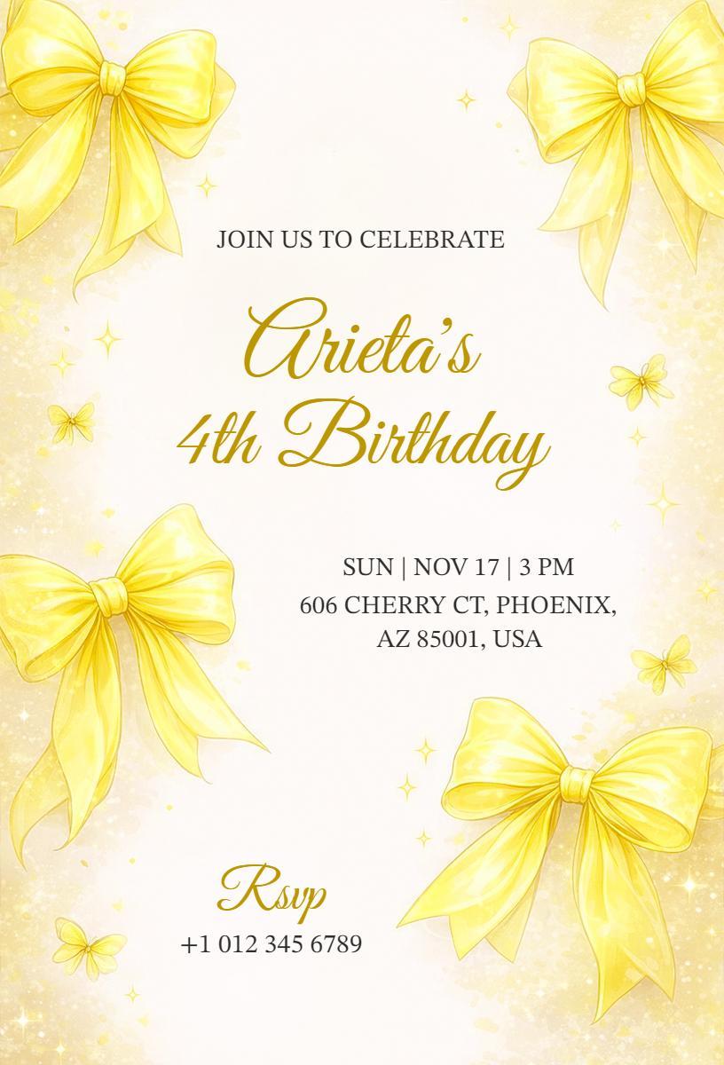 Charming Yellow Bow Themed Birthday Celebration Invitation Template
