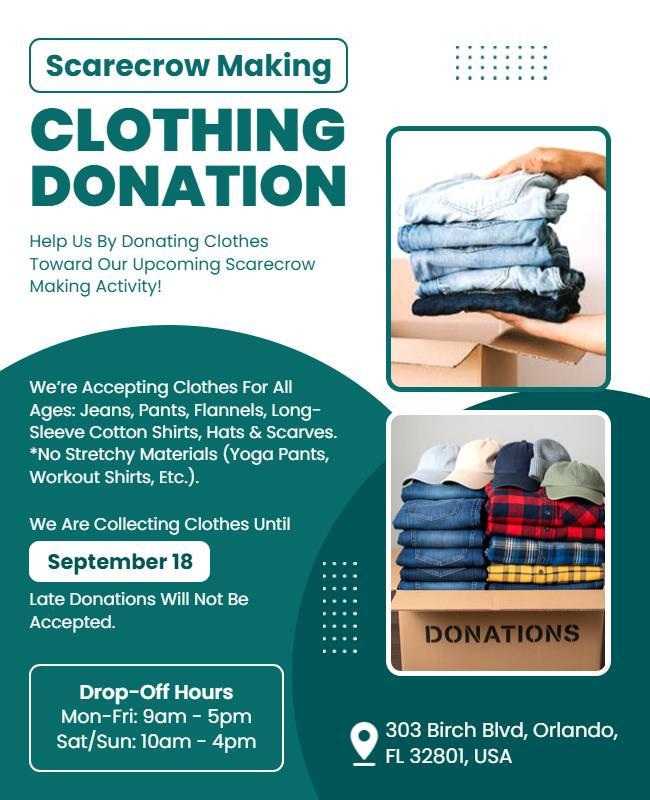 Cheerful Blue Scarecrow Clothing Donation Drive Flyer Template