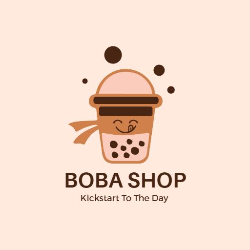 Cheerful Brown Bubble Tea Character Inviting Customers Logo Template