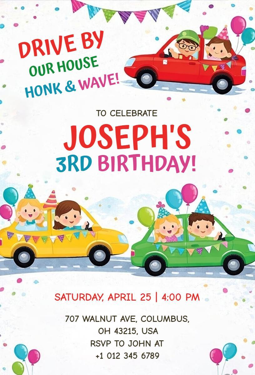 Cheerful Car Parade 3rd Birthday Celebration Invitation Template