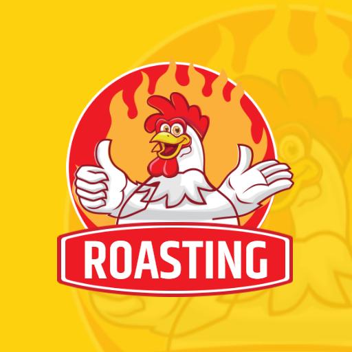 Cheerful Cartoon Chicken and Flames Representing Roasting Food Logo Template