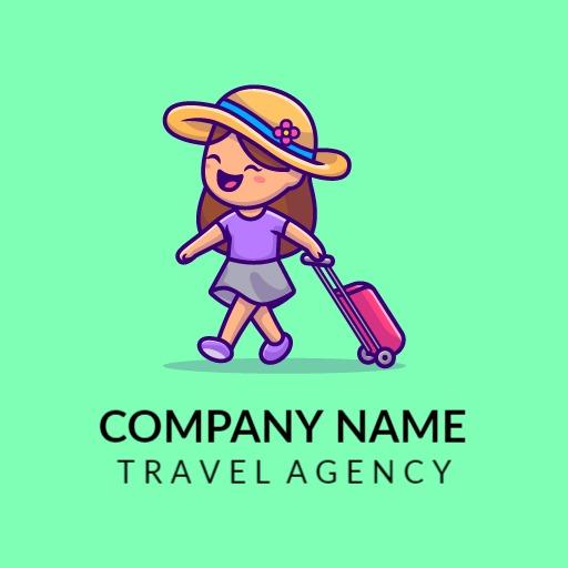 Cheerful Cartoon Girl with Luggage for Travel Agency Logo Template
