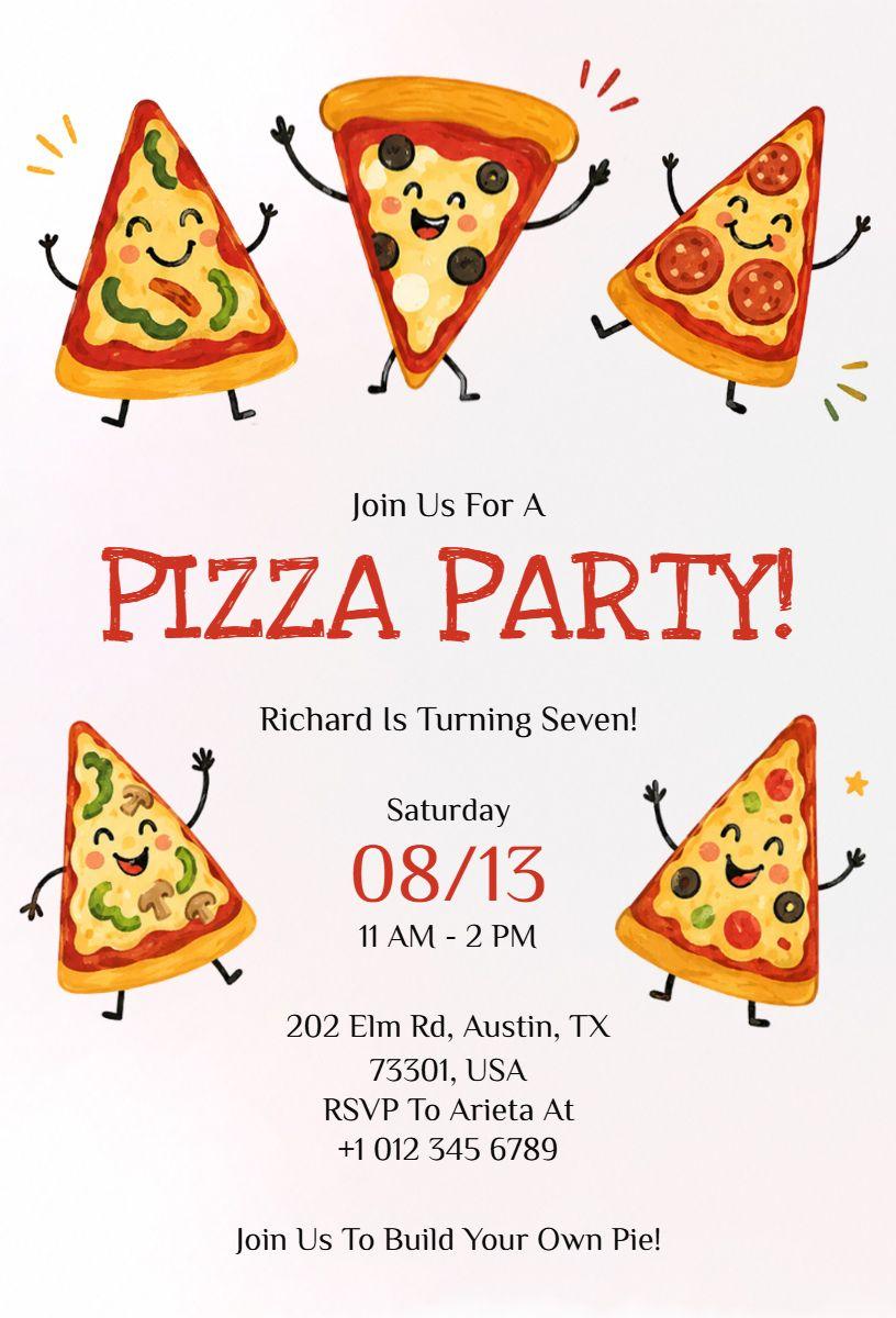 Cheerful Cartoon Pizza Party Celebration Invitation Template