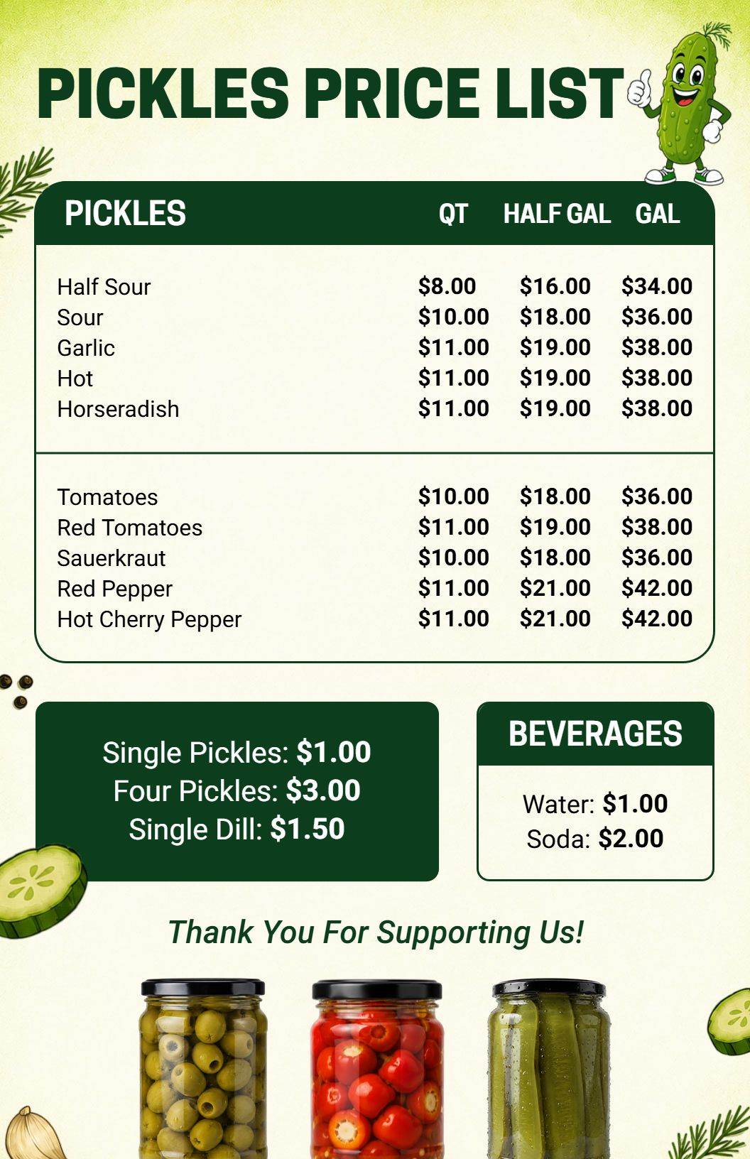 Cheerful Cartoon Style with Jar Images Pickle Price List Template
