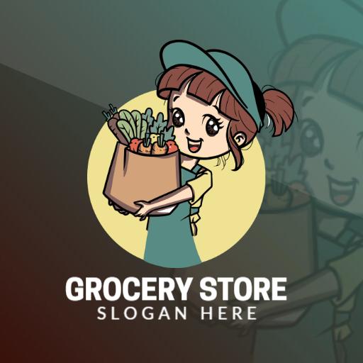 Cheerful Character Holding Fresh Groceries for Food Logo Template