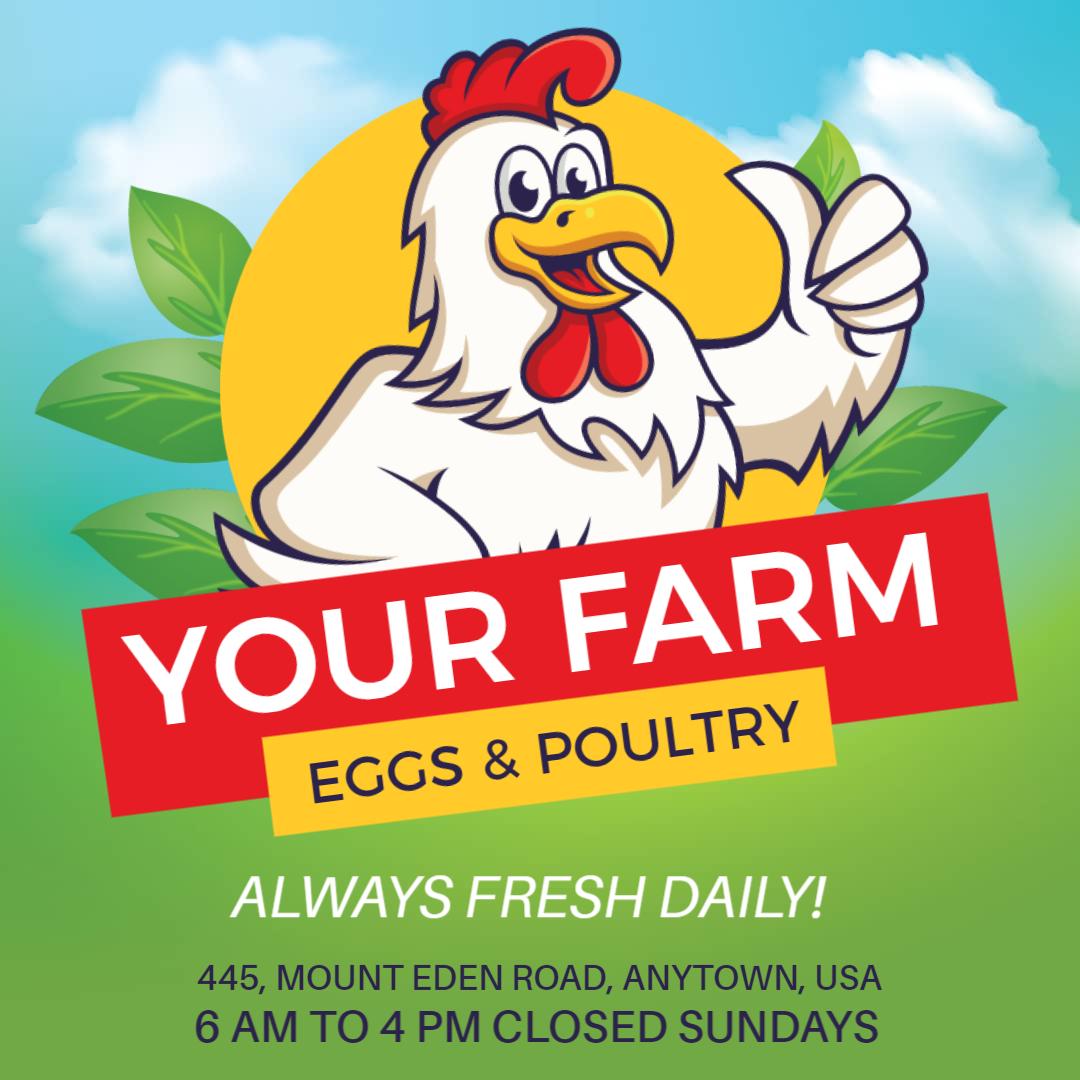 Cheerful Chicken Illustration for Fresh Poultry Farm Ad Template