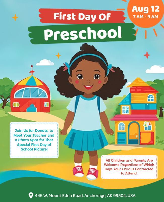 Cheerful Colorful First Day of Preschool Celebration Poster Template