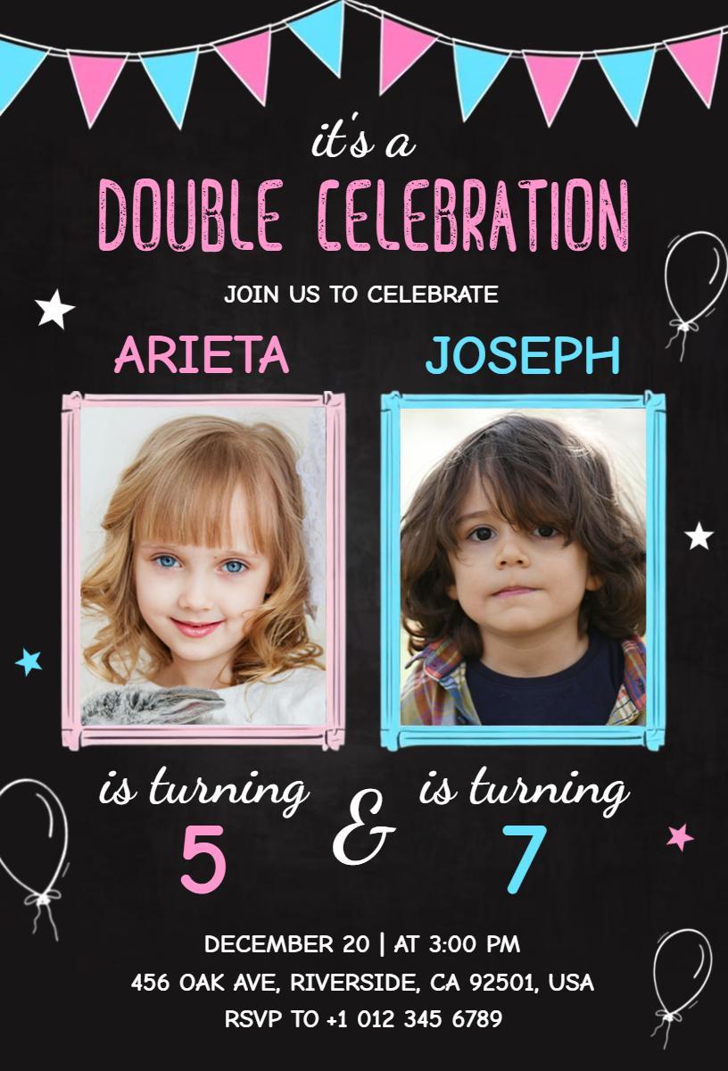 Cheerful Double Celebration Kids Birthday Photo Invitation Template