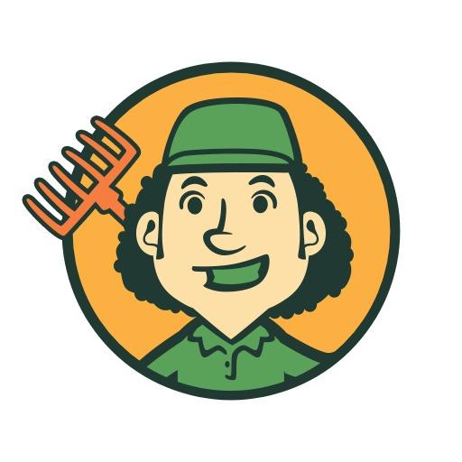 Cheerful Farmer Character with a Rake in Bright Circle Logo Template