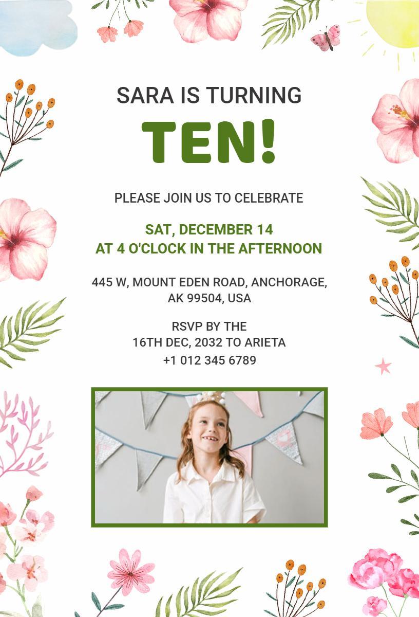 Cheerful Floral Photo Ten Birthday Celebration Invitation Template