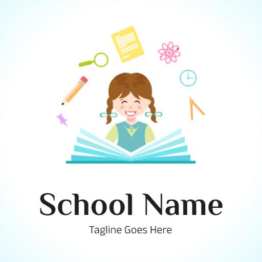 Cheerful Girl Surrounded by Learning Tools for School Logo Template