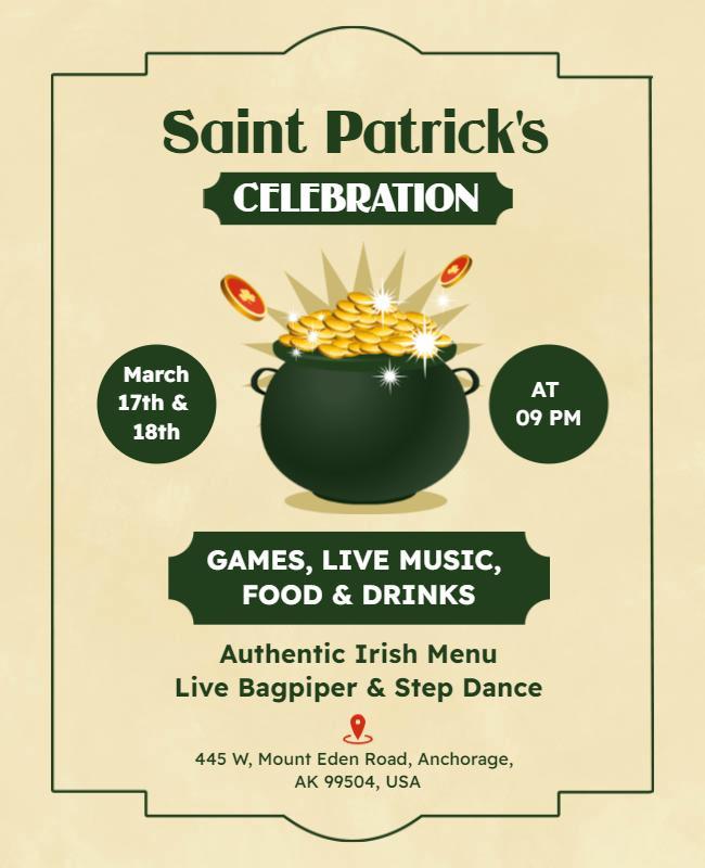 Cheerful Gold Pot of Luck Saint Patrick's Day Poster Template
