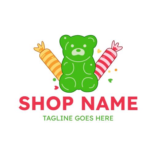 Cheerful Green Bear Character with Colorful Candies Gummies Logo Template