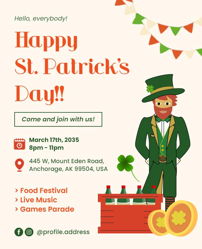 Cheerful Green Irish Festival with Music and Games Poster Template