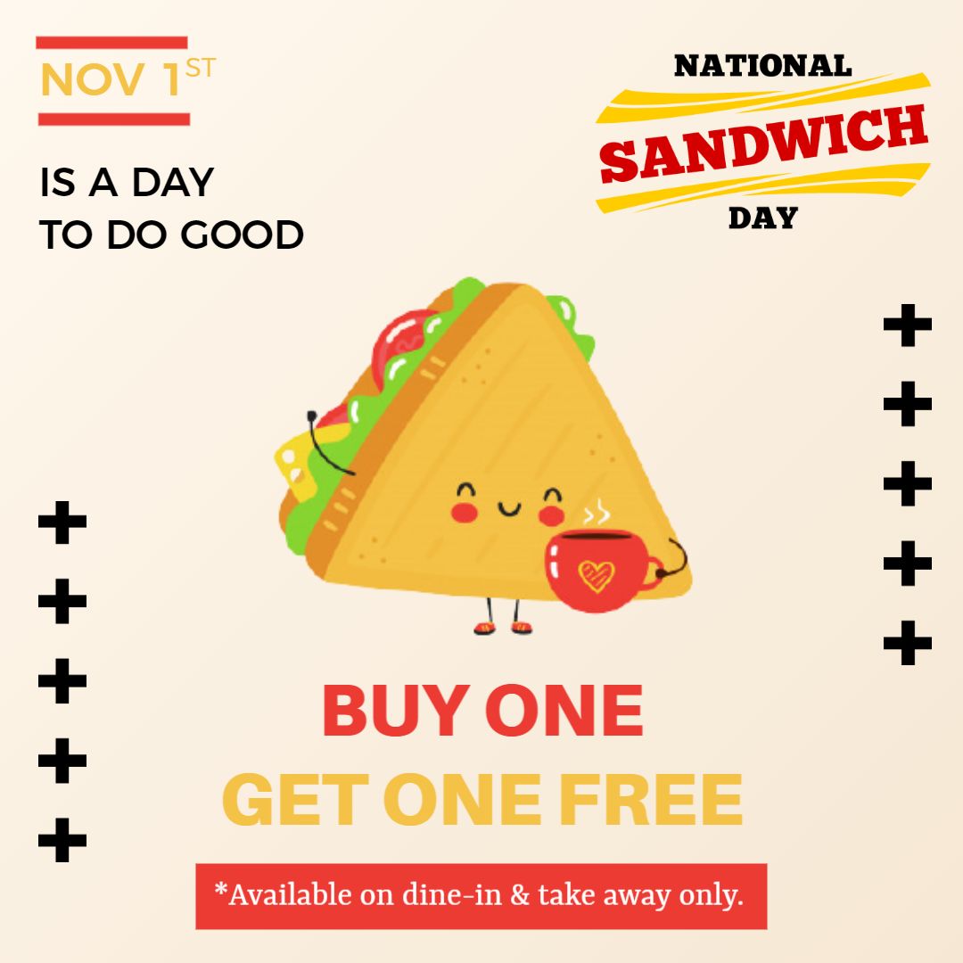 Cheerful National Sandwich Day Promotion with Buy One Get One Offer Ad Template