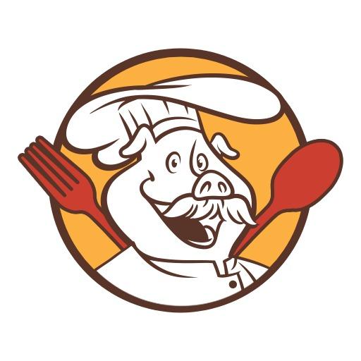 Cheerful Pig Chef Holding Fork and Spoon Mascot Logo Template