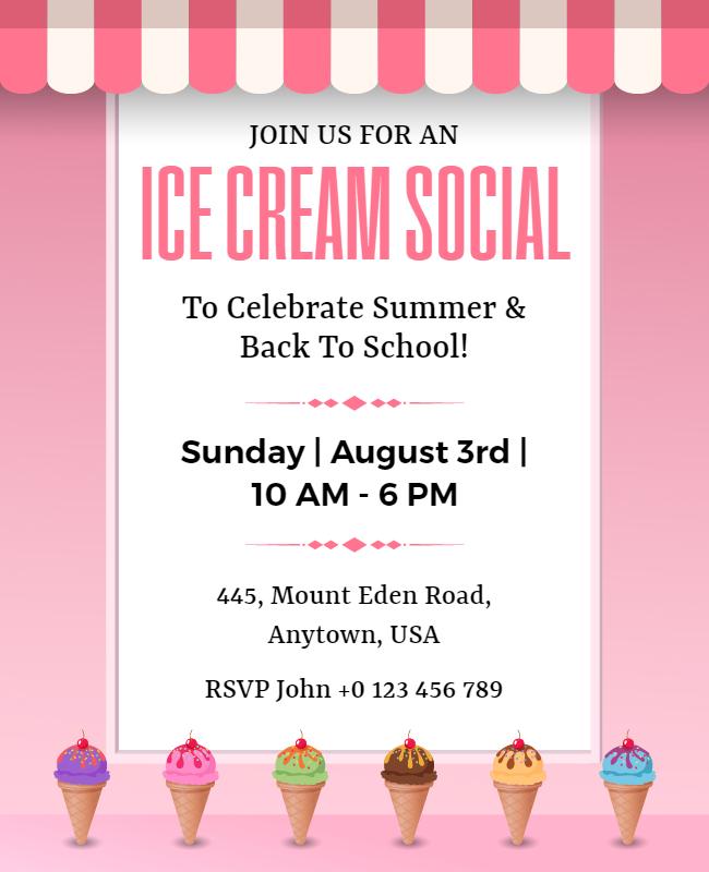 Cheerful Pink Ice Cream Social Summer Celebration Poster Template