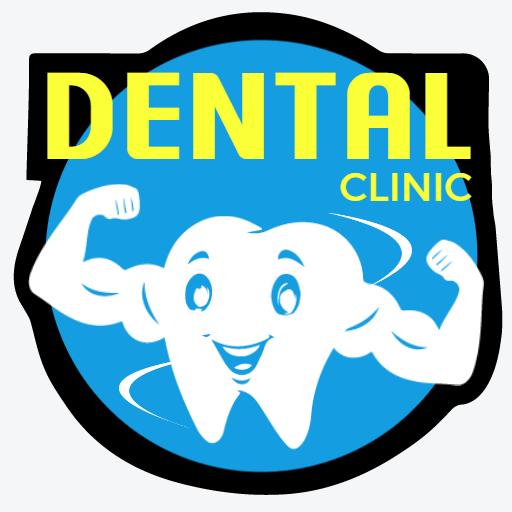 Cheerful Smiling Tooth with Muscles in Dental Clinic Sticker Logo Template