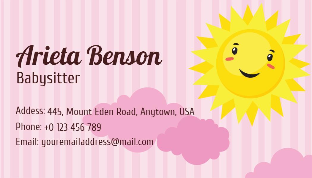 Cheerful Sun and Clouds Design for Babysitting Service Business Card Template