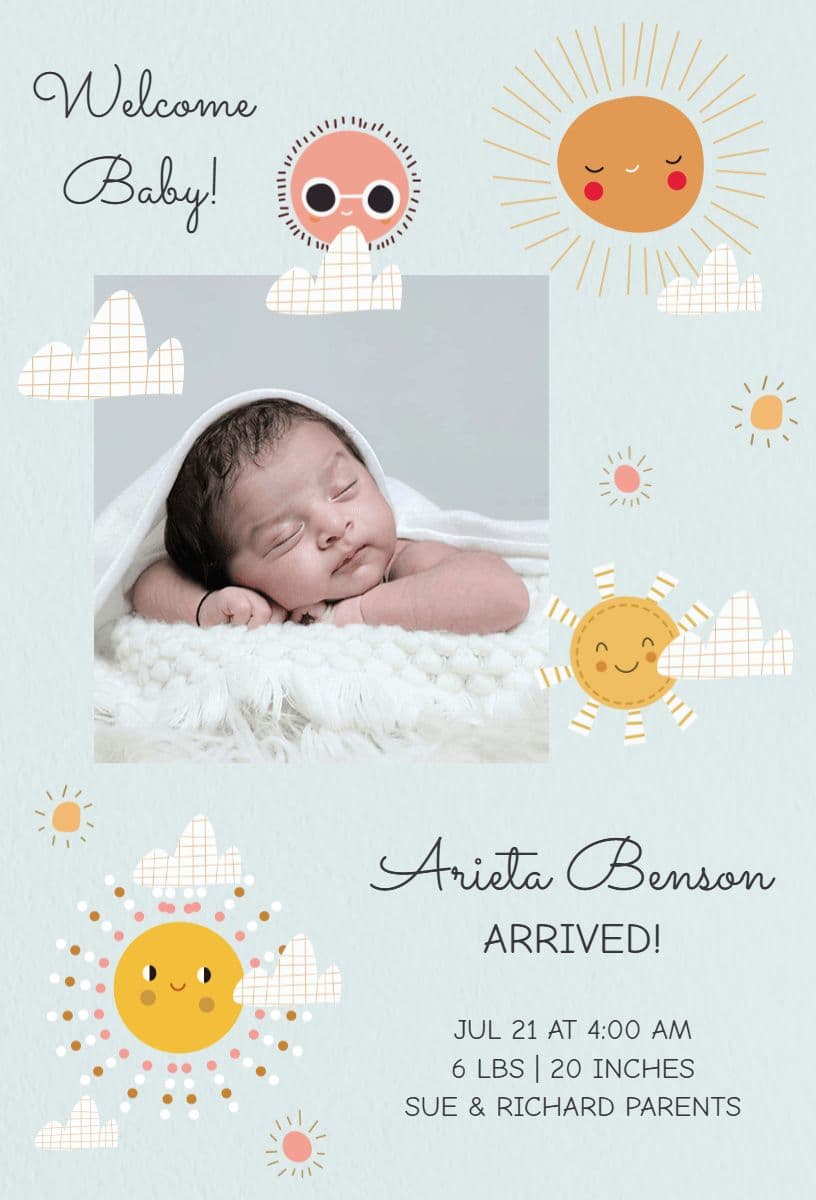 Cheerful Sun-Illustrated Newborn Baby Arrival Announcement Template
