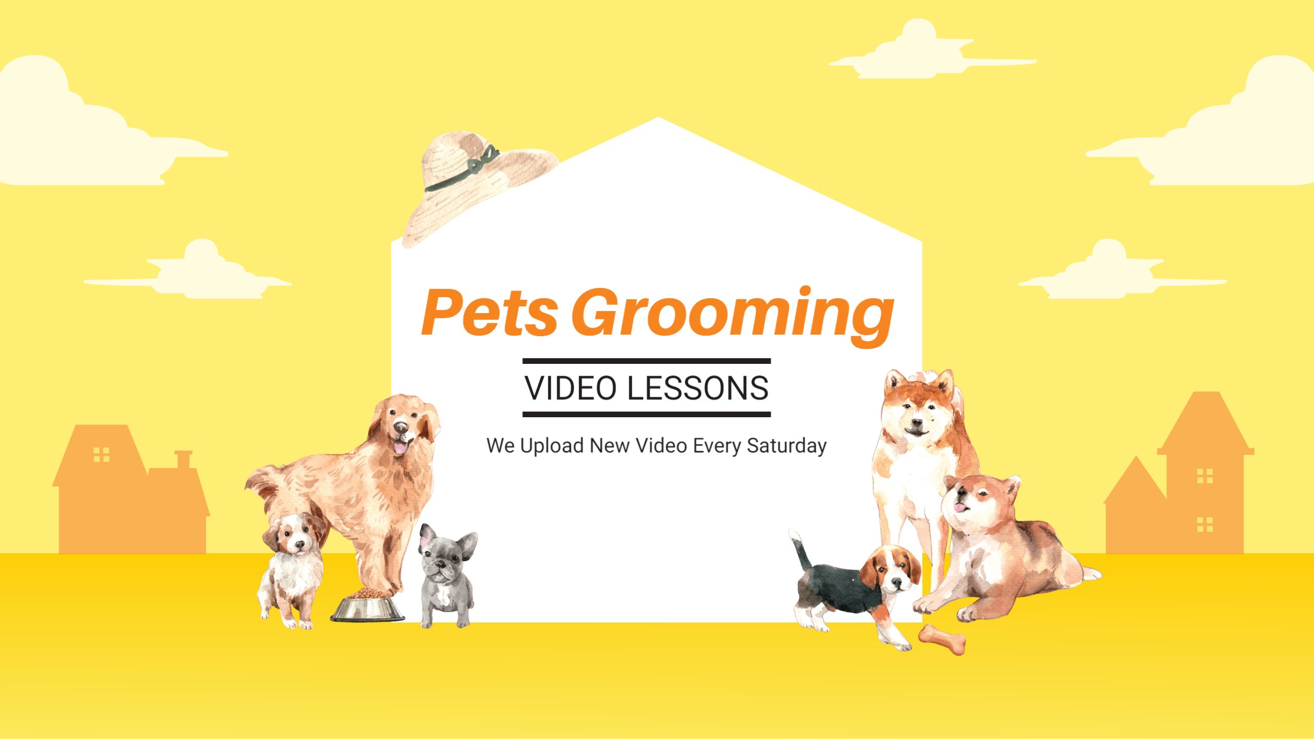 Cheerful Yellow Background with Pets Grooming YouTube Banner Template