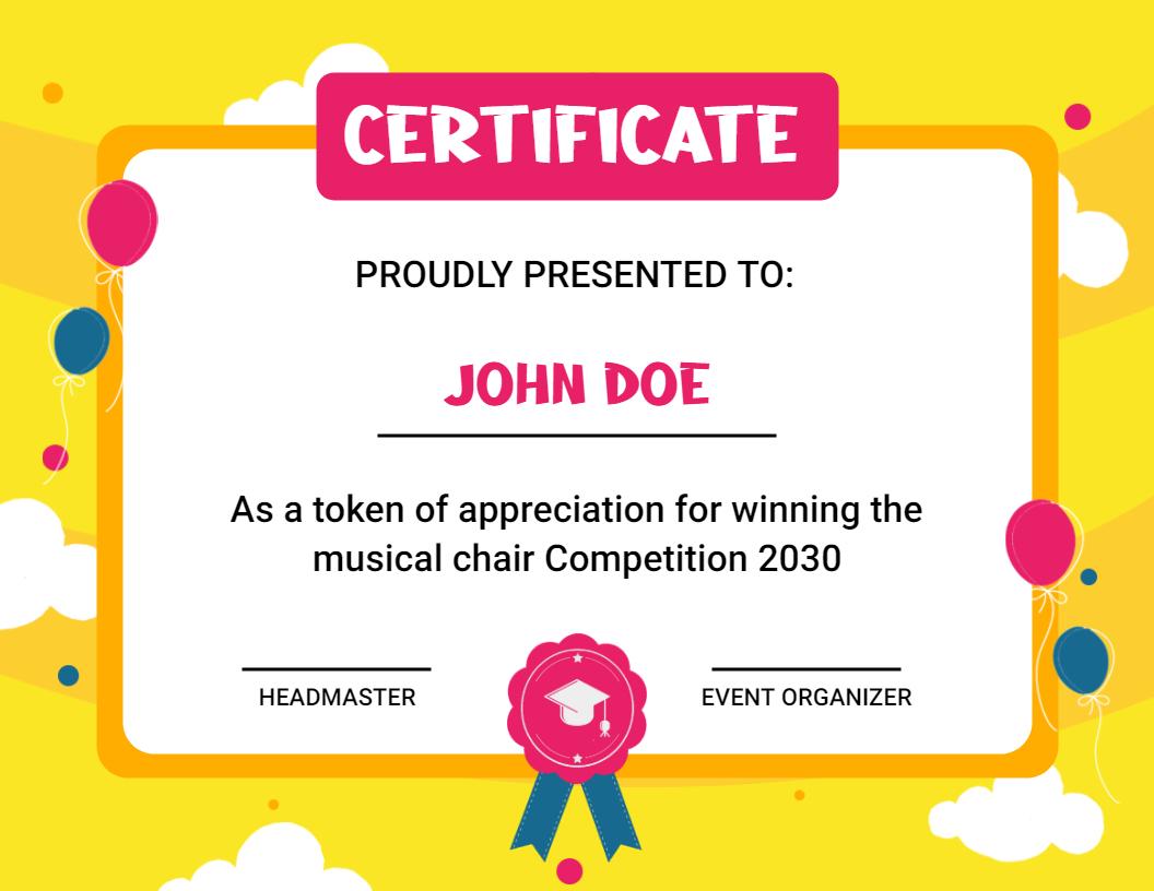 Cheerful Yellow Balloon Musical Chairs Competition Certificate Template
