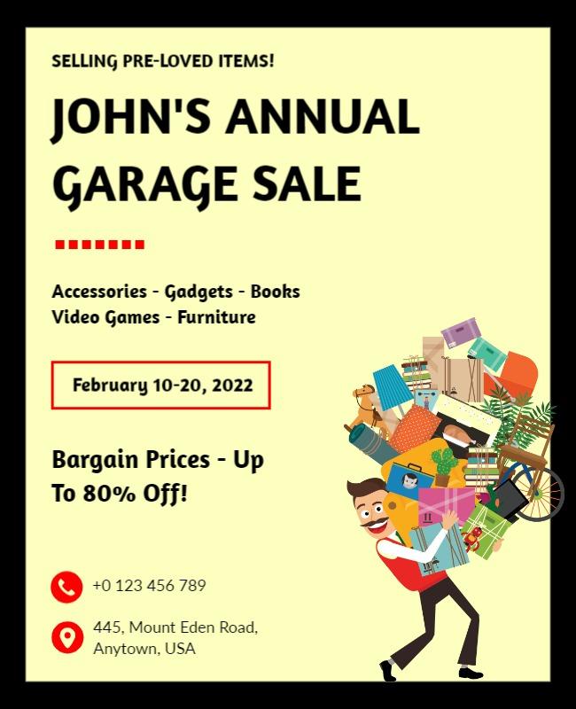 Cheerful Yellow Garage Sale Event with Bargains Poster Template