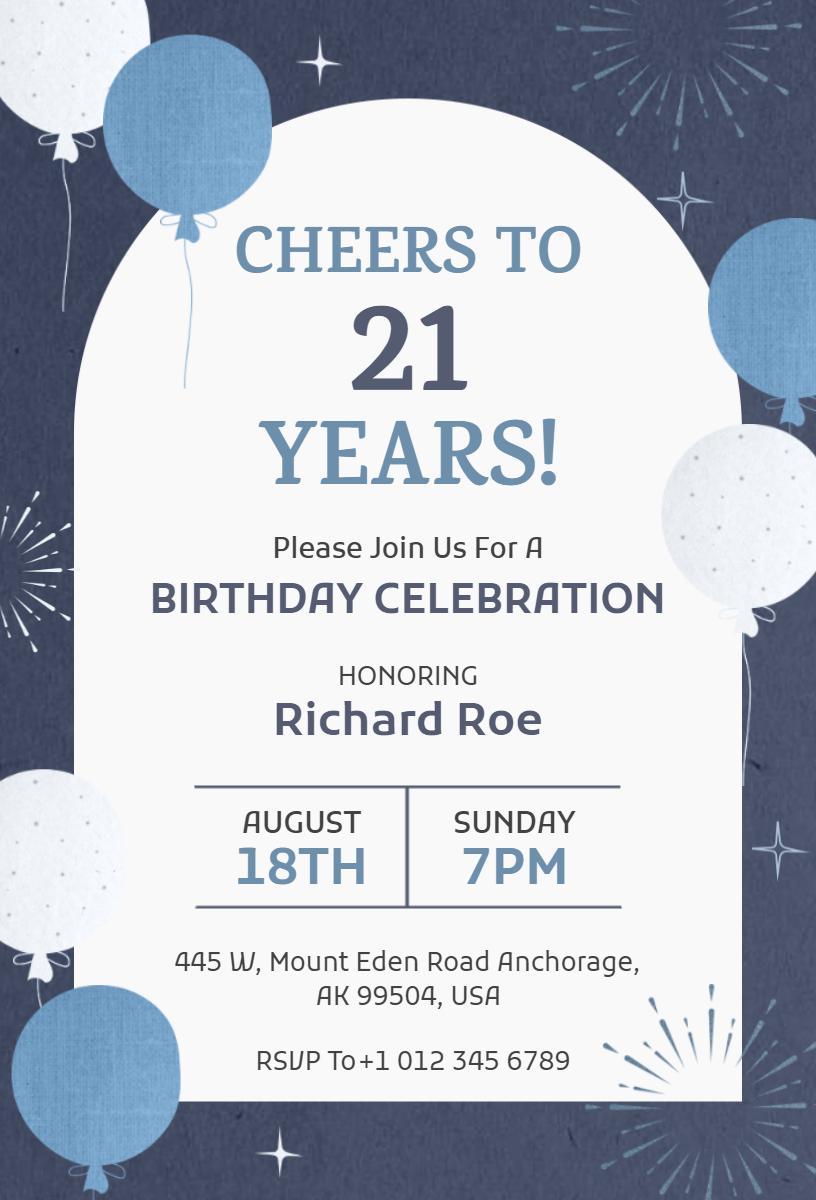 Cheers to 21 Years Celebration Birthday Invitation Template