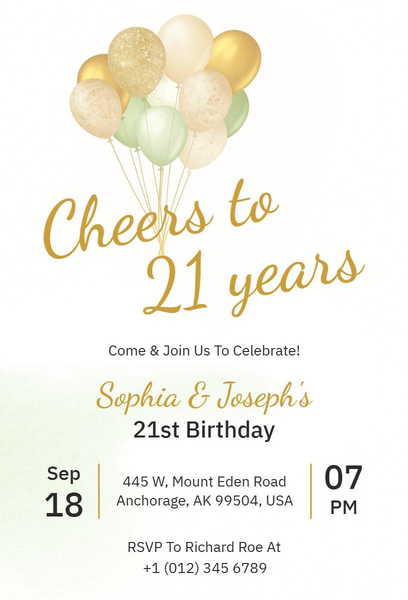 Cheers to 21 Years Celebration Party Invitation Template