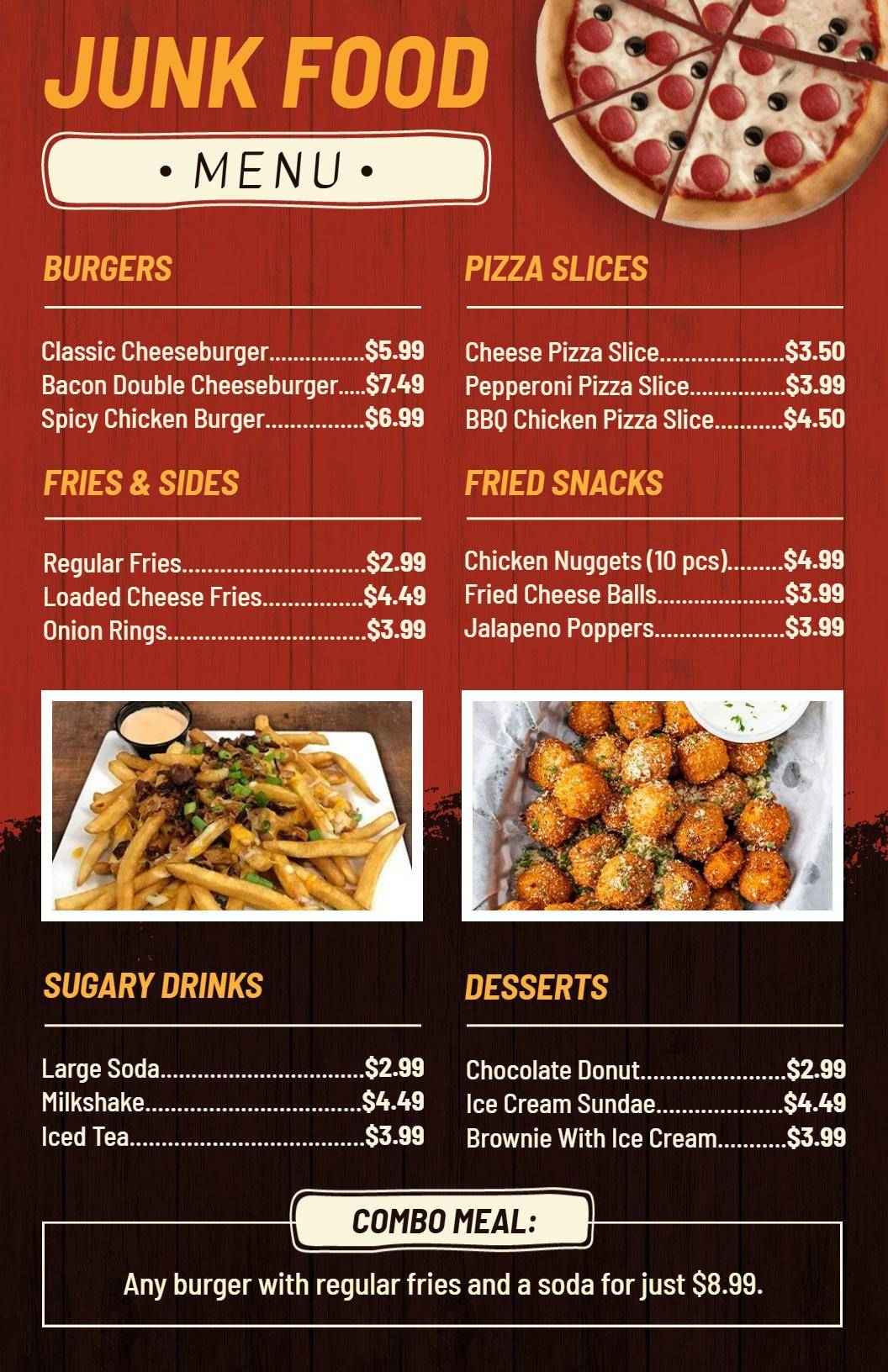 Cheesy Pizza Slices and Fried Snacks Variety Fast Food Menu Template