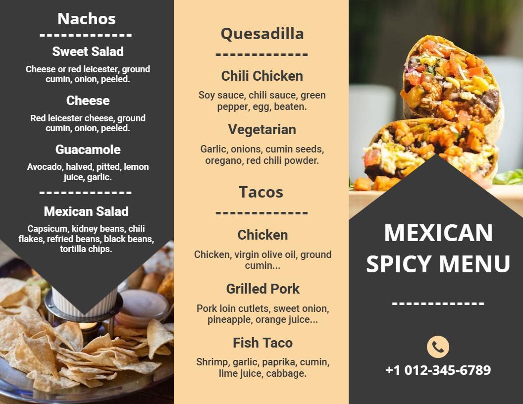 Cheesy Quesadilla and Grilled Pork Taco Specials Mexican Menu Template