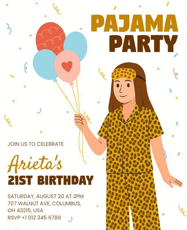 Cheetah Print 21st Birthday Pajama Party Invitation Flyer Template