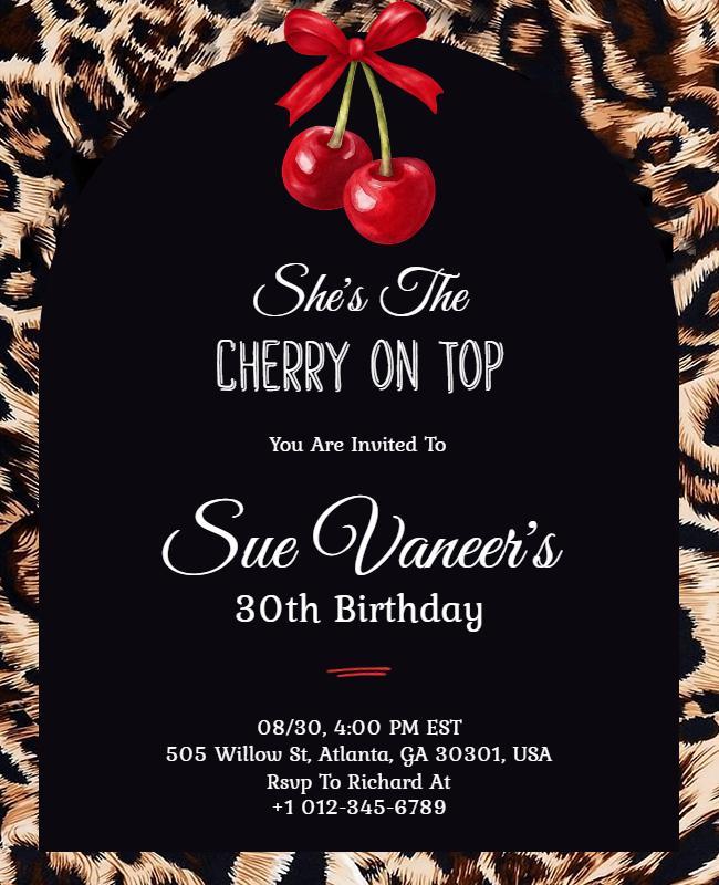 Cherry and Cheetah Print Birthday Invitation Flyer Template