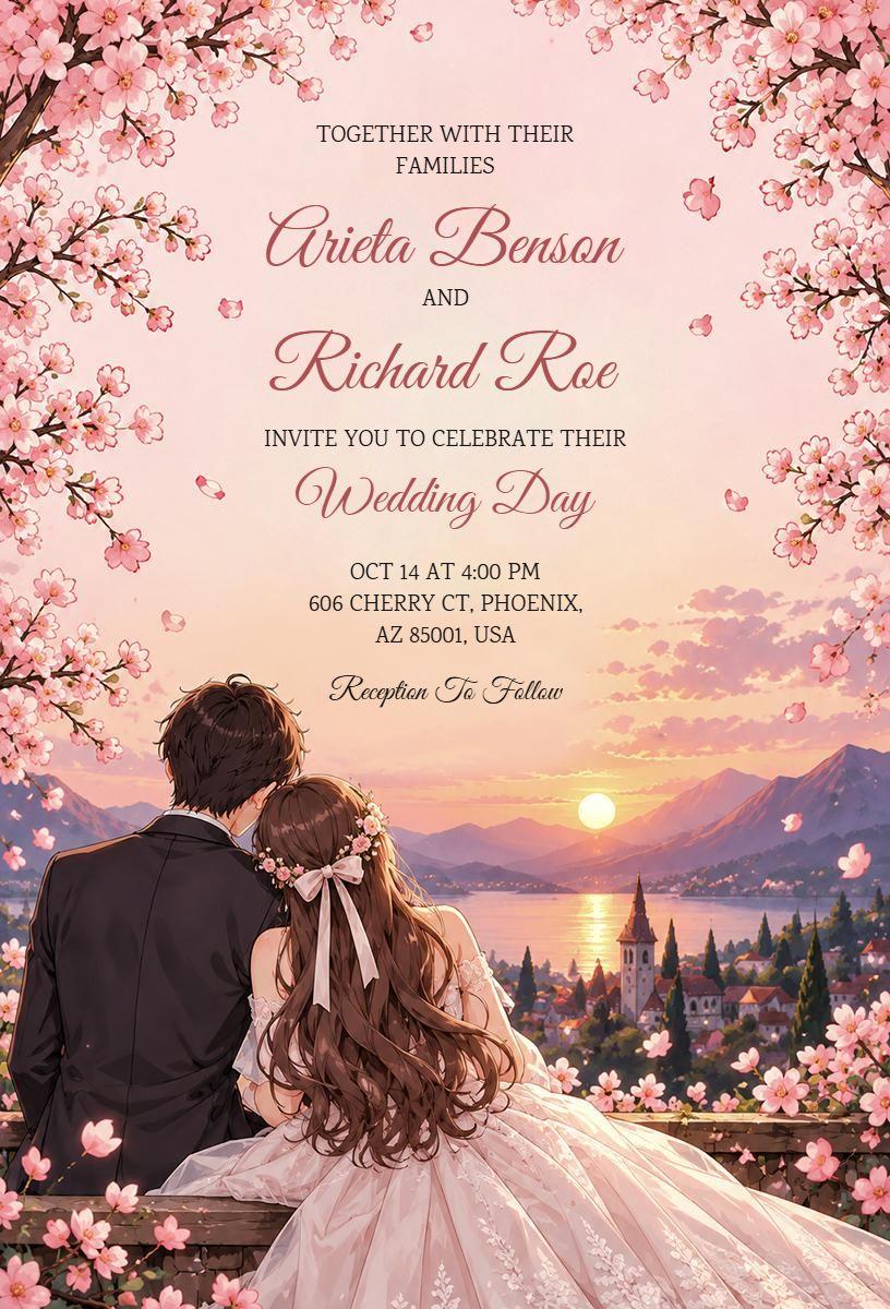 Cherry Blossom Anime Wedding Invitation Template