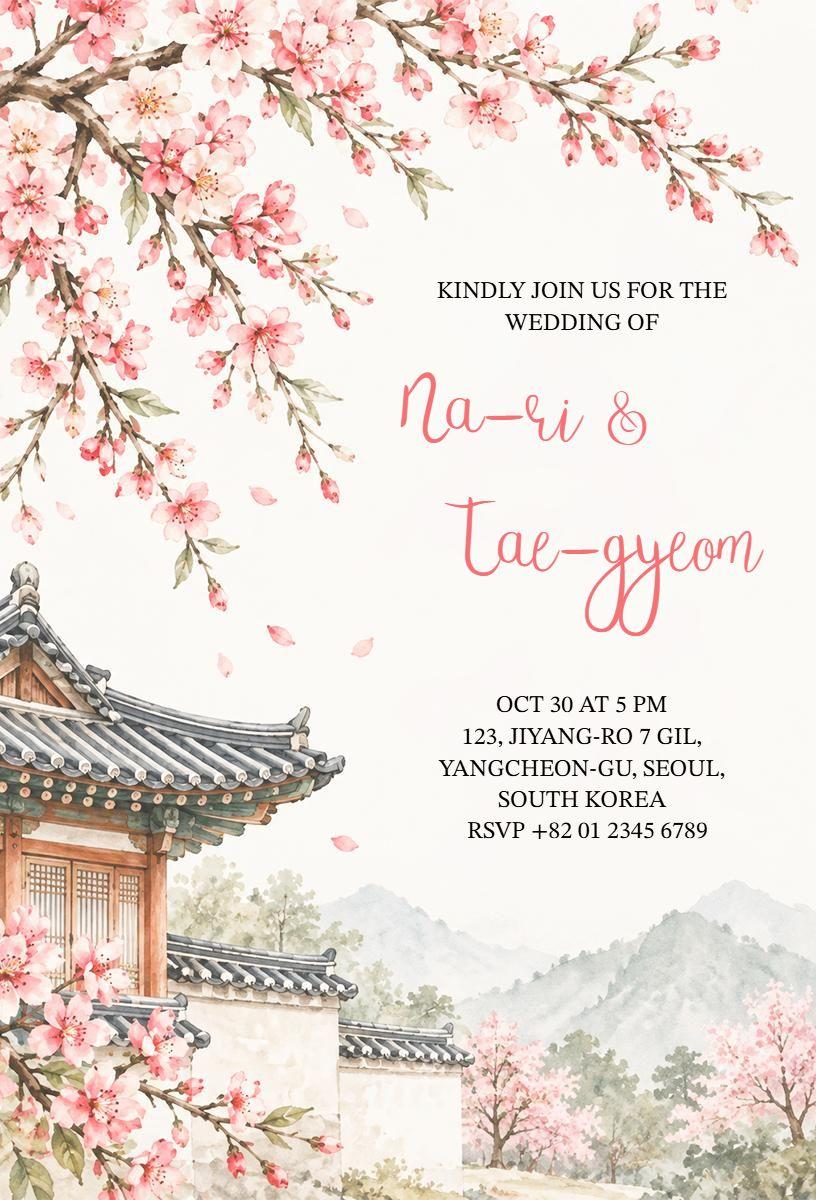 Cherry Blossom Korean Wedding Invitation Template