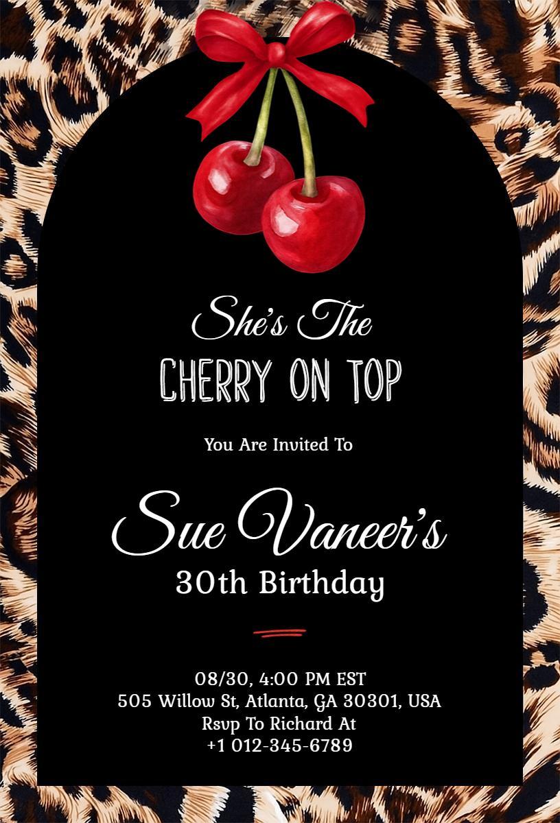 Cherry On Top Cheetah Theme Birthday Celebration Invitation Template