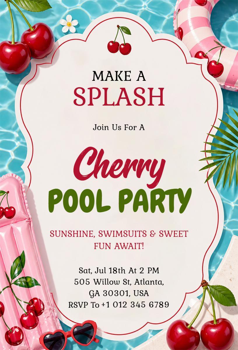 Cherry Summer Pool Party Celebration Invitation Template